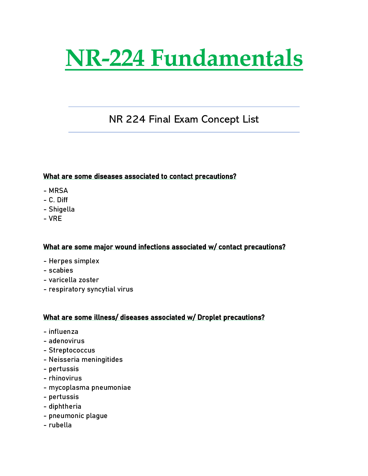 Preview of NR224 / NR 224 Final Exam Concept List Updated Fundamentals STUDY GUIDE - Chamberlain